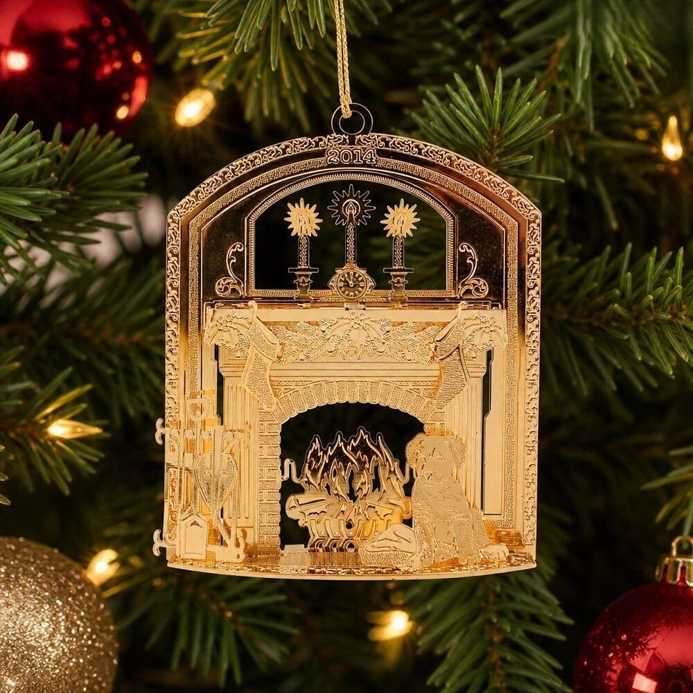Danbury Mint 2014 Christmas Hearth Ornament 23kt Gold Plated Fireplace Dog Box